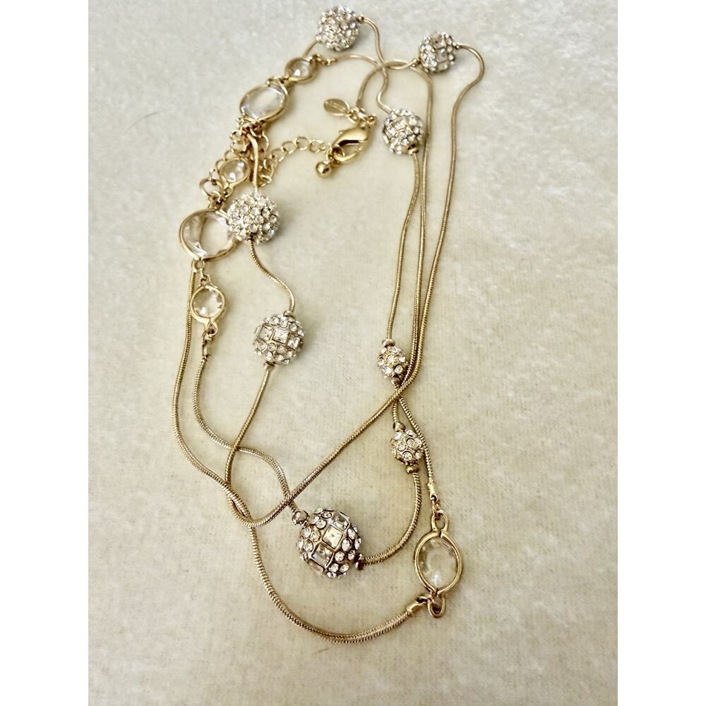 CHICO'S NECKLACE~43" L~CLEAR RHINESTONES CRYSTAL BALLS & BEZEL STONES~GOLD TONE